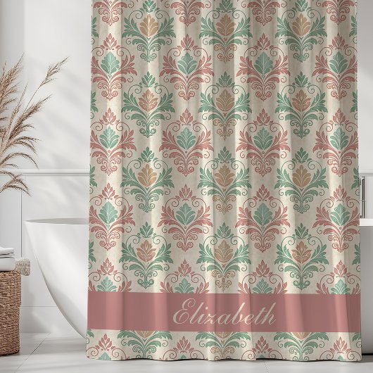 Antiek damastpatroon Monogram Naam Roos Mint Douchegordijn