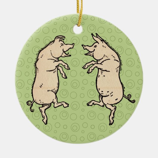 Antiek Dansende Varkens: grillige Piggy Jig Keramisch Ornament (Voorkant)