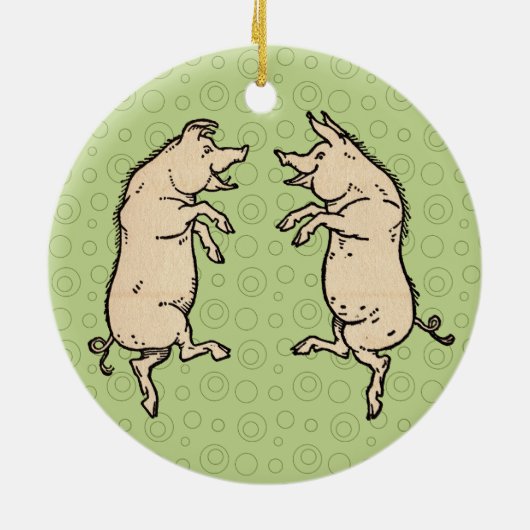 Antiek Dansende Varkens: grillige Piggy Jig Keramisch Ornament (Achterkant)