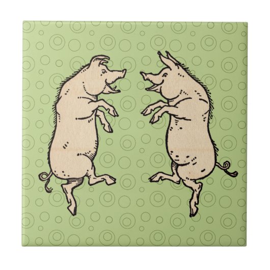 Antiek Dansende Varkens: grillige  Piggy Jig Tegeltje (Voorkant)