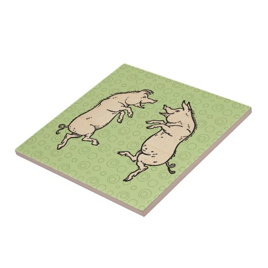 Antiek Dansende Varkens: grillige  Piggy Jig Tegeltje (Zijkant)