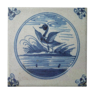 Antiek Delft Blue Tegel - Duck in Water Tegeltje