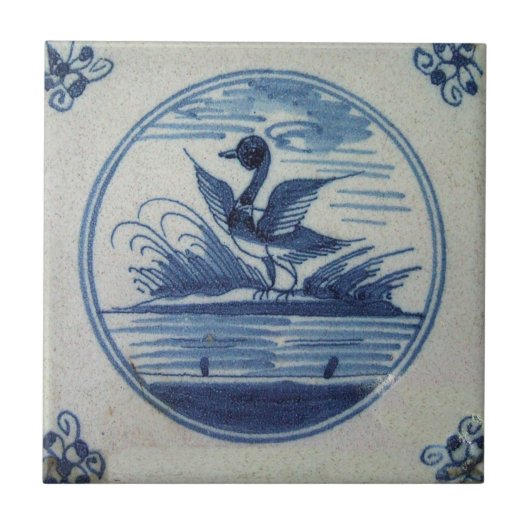 Antiek Delft Blue Tegel - Duck in Water Tegeltje (Voorkant)