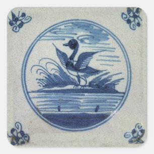 Antiek Delft Blue Tegel - Duck in Water Vierkante Sticker