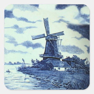  Antiek delft Blue-tegel - windmolen Vierkante Sticker