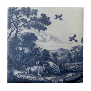 Antiek delft Blue Tile - Rundvee en vogels Tegeltje