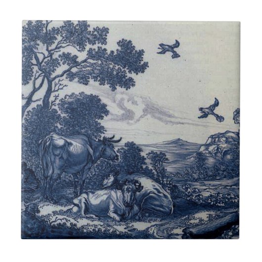 Antiek delft Blue Tile - Rundvee en vogels Tegeltje (Voorkant)