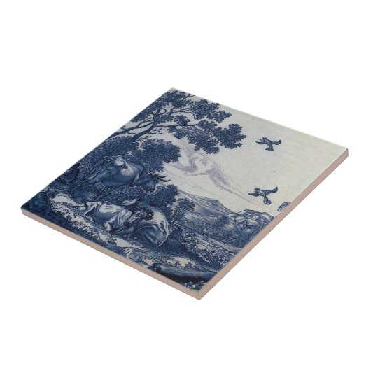 Antiek delft Blue Tile - Rundvee en vogels Tegeltje (Zijkant)