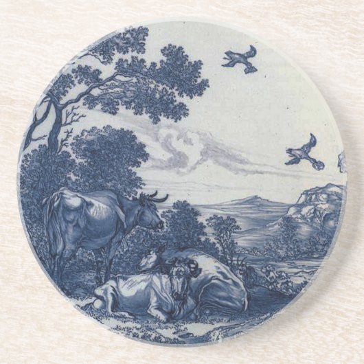 Antiek delft Blue Tile - Rundvee en vogels Zandsteen Onderzetter (Voorkant)