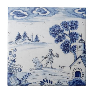 Antiek Delft Tile-Pastoral Scene-Blue en White-2 Tegeltje