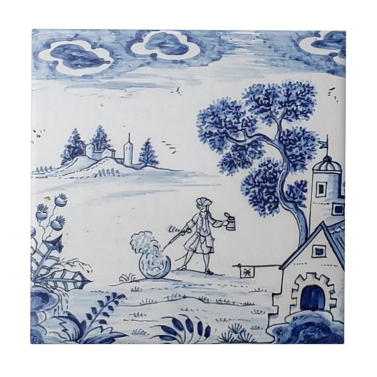 Antiek Delft Tile-Pastoral Scene-Blue en White-2 Tegeltje (Voorkant)