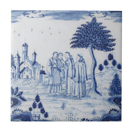Antiek Delft Tile-Pastoral Scene-Blue en White-3 Tegeltje (Voorkant)