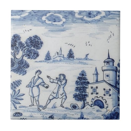Antiek Delft Tile-Pastoral Scene-Blue en White-4 Tegeltje (Voorkant)