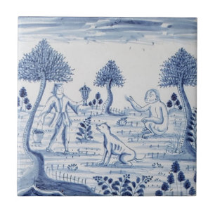 Antiek Delft Tile-Pastoral Scene-Blue en White-5 Tegeltje