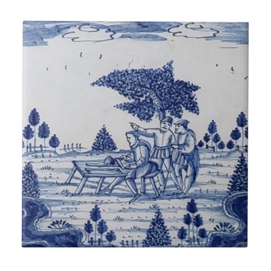 Antiek Delft Tile-Pastoral Scene-Blue & White-13 Tegeltje (Voorkant)