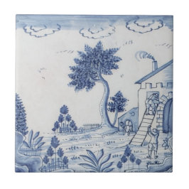Antiek Delft Tile-Pastoral Scene-Blue & White-17 Tegeltje