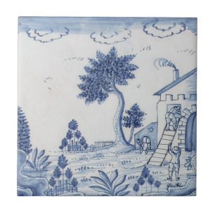 Antiek Delft Tile-Pastoral Scene-Blue & White-17 Tegeltje