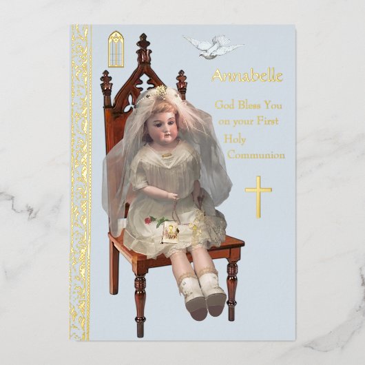 Antiek Doll Eerste Communie Folie Kaart (Voorkant)
