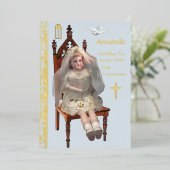Antiek Doll Eerste Communie Folie Kaart (Staand Voorkant)