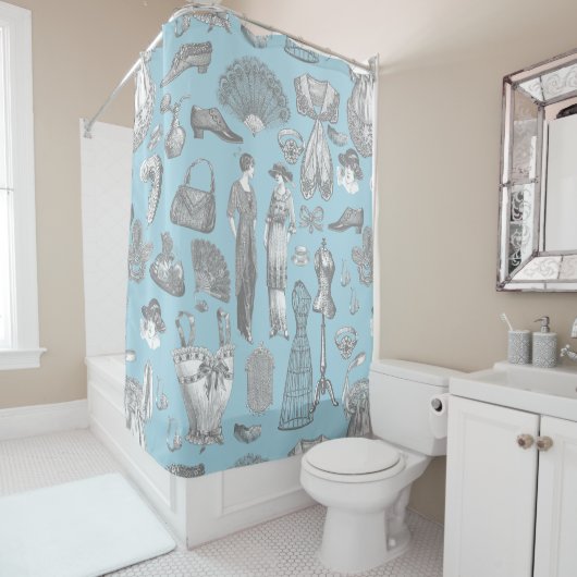 antiek Edwardiaanse  mode dames blauw Douchegordijn (In situ)