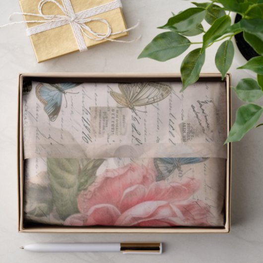 Antiek Elegantie Roos en Vlinder Decoupage Tissuepapier (Geschenk)