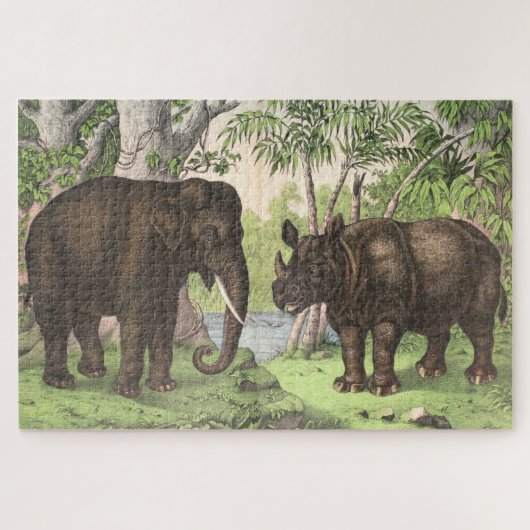 Antiek Elephant Rhino-Waterverf Afdrukken Legpuzzel (Horizontaal)