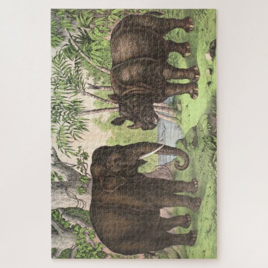 Antiek Elephant Rhino-Waterverf Afdrukken Legpuzzel (Verticaal)