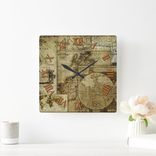 Antiek en  oude wereldkaarten vierkante klok (Huis)