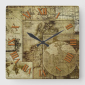 Antiek en  oude wereldkaarten vierkante klok (Voorkant)