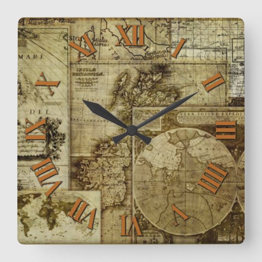 Antiek en oude wereldkaarten vierkante klok (Voorkant)