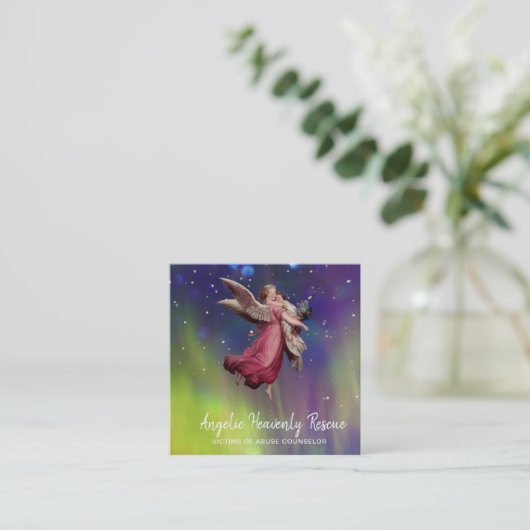 *~* Antiek  engel die misbruikt kind redt Vierkante Visitekaartje (Staand voorkant)