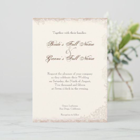 Antiek Engels Roos Floral Swirl Wedding Kaart (Staand voorkant)