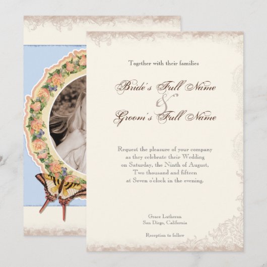 Antiek Engels Roos Floral Swirl Wedding Kaart (Voorkant / Achterkant)