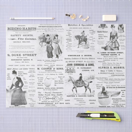 Antiek Ephemera Lady Equestrian Ads Tissuepapier (Craft)
