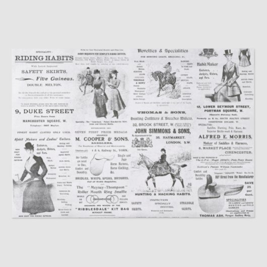 Antiek Ephemera Lady Equestrian Ads Tissuepapier (Voorkant)