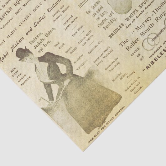Antiek Ephemera Lady Equestrian Ads Tissuepapier (Detail)