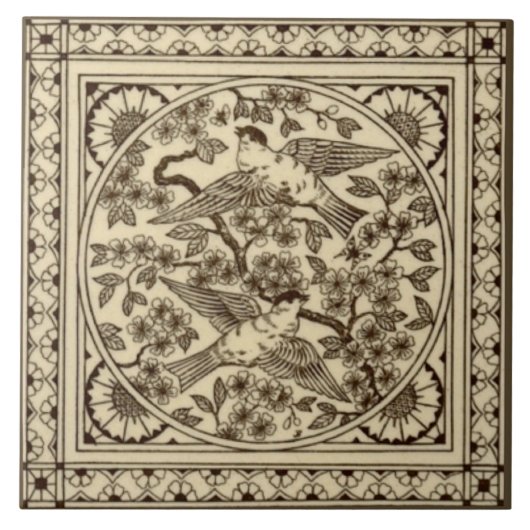 Antiek esthetisch Japans Sepia Bird Tile Repro Tegeltje (Voorkant)