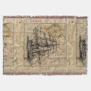 Antiek Europa Kaart Schip zeilschip Nautical Marin Deken
