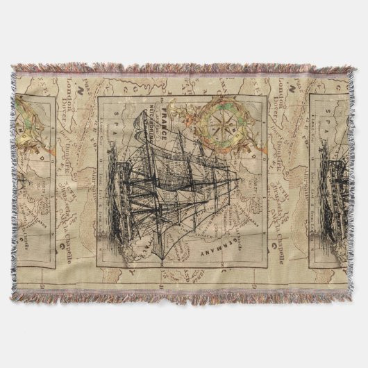 Antiek Europa Kaart Schip zeilschip Nautical Marin Deken (Voorkant)