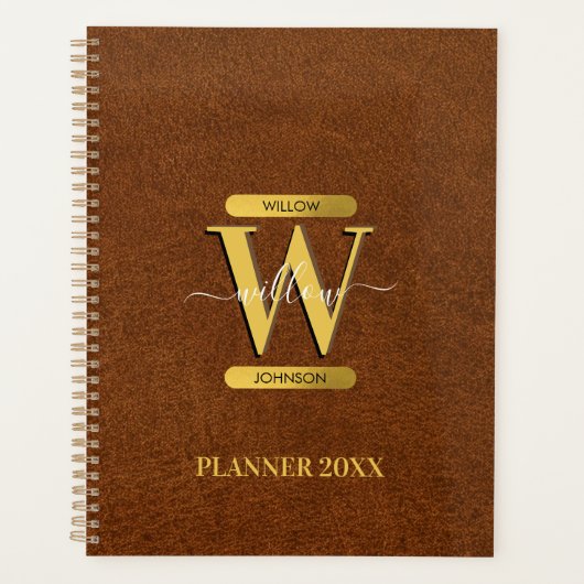Antiek Faux Leather & Gold Monogram School Kantoor Planner (Voorkant)