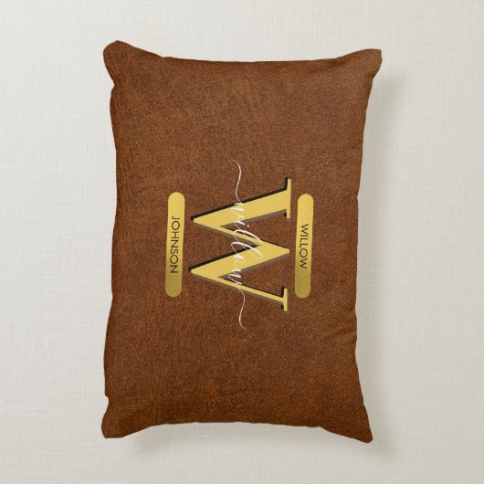 Antiek Faux-leder en goudmonogram Accent Kussen (Achterkant (Verticaal))