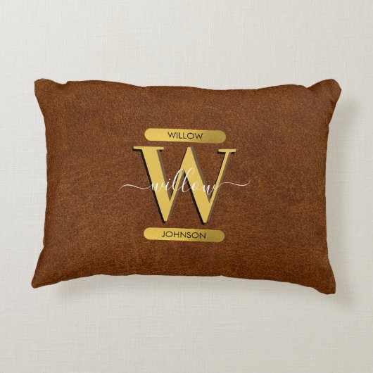 Antiek Faux-leder en goudmonogram Accent Kussen (Achterkant)