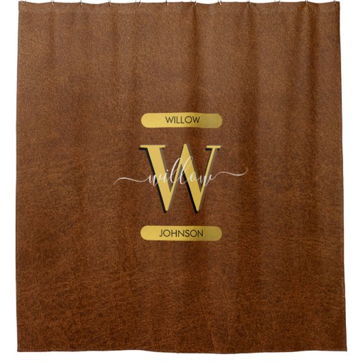 Antiek Faux-leder en goudmonogram Douchegordijn (Voorkant)