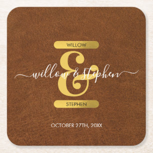 Antiek Faux-leder en goudmonogram Kartonnen Onderzetters