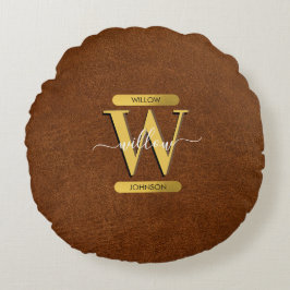 Antiek Faux-leder en goudmonogram Rond Kussen