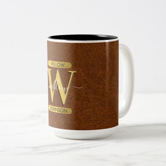 Antiek Faux-leder en goudmonogram Tweekleurige Koffiemok (Voorkant rechts)