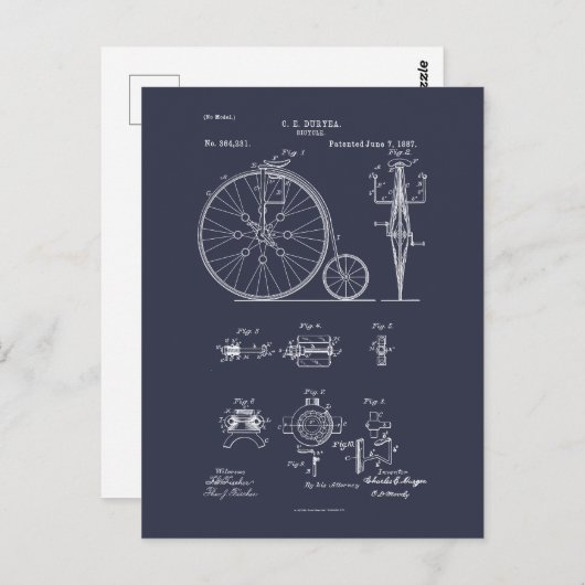 Antiek Fiets 1887 Penny Farthing Patent Tekening Briefkaart (Voorkant / Achterkant)