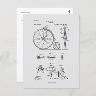 Antiek Fiets 1887 Penny Farthing Patent Tekening Briefkaart