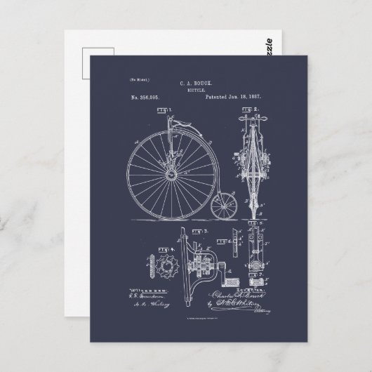 Antiek Fiets 1887 Penny Farthing Patent Tekening Briefkaart (Voorkant / Achterkant)