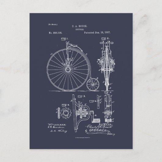 Antiek Fiets 1887 Penny Farthing Patent Tekening Briefkaart (Voorkant)